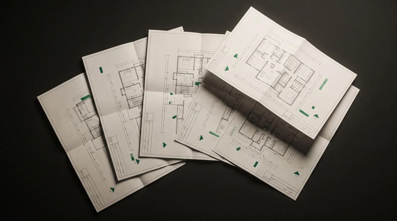 Five architectural floor plans fanned out on black, flagged with small emerald marks