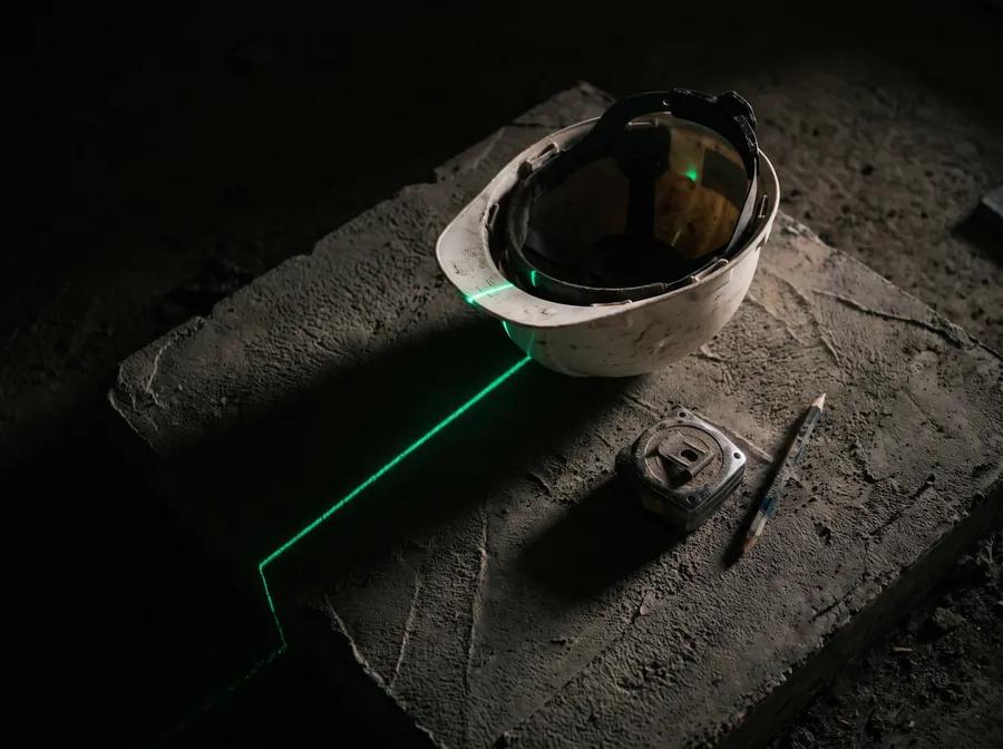 A worn hard hat, tape measure and pencil on a concrete slab, crossed by an emerald laser line